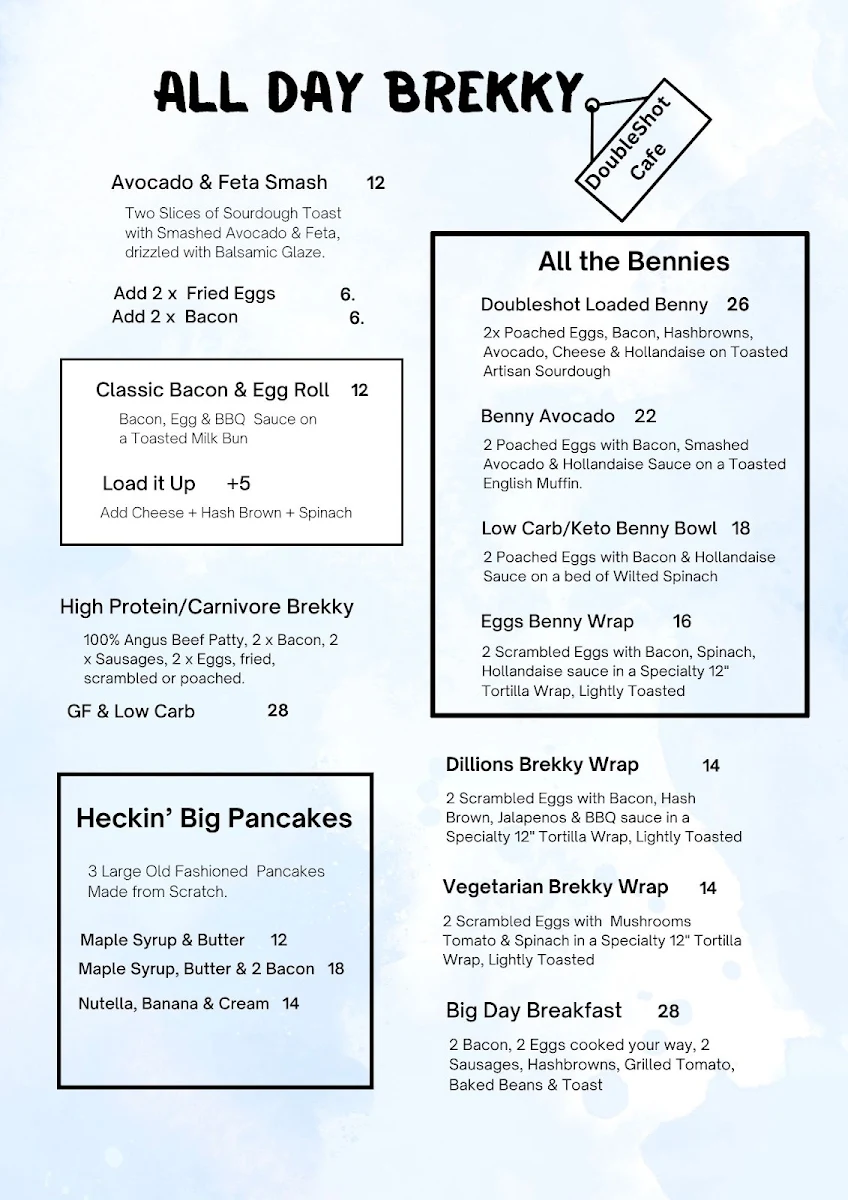 Menu, The Double Shot Coffee Cafe