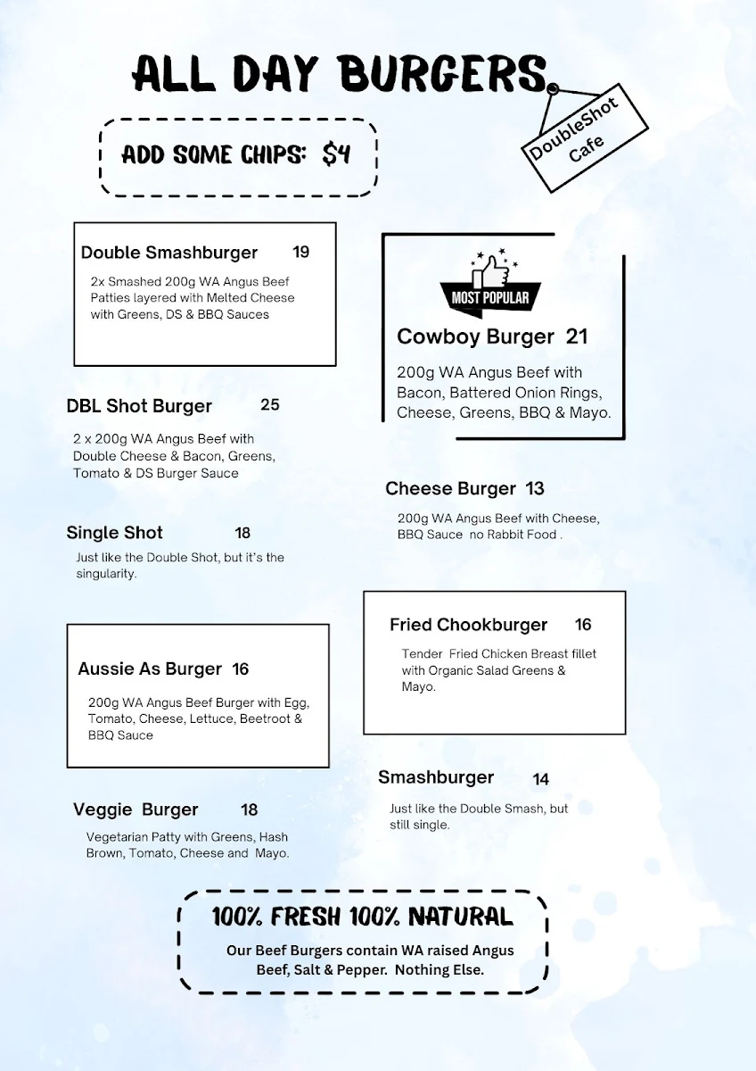 Menu, The Double Shot Coffee Cafe