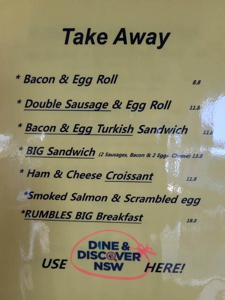 Menu, Rumbles Fine Cafe Eastwood