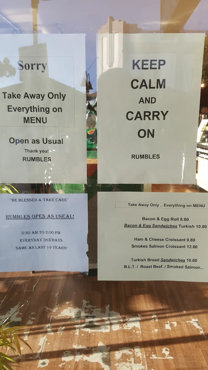 Menu, Rumbles Fine Cafe Eastwood