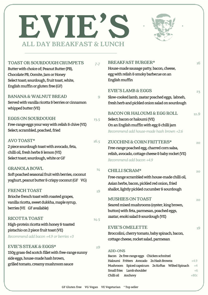 Menu, Evie's Redfern