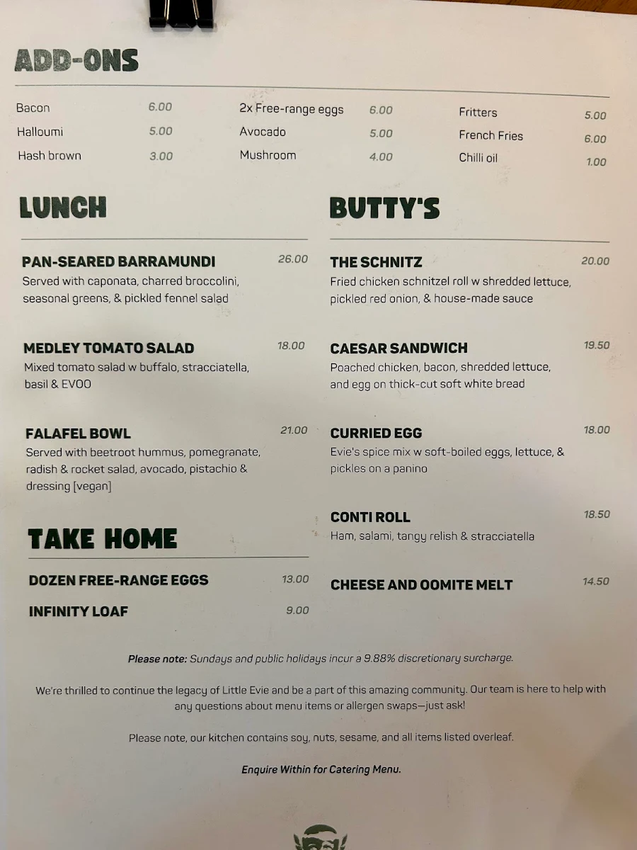 Menu, Evie's Redfern