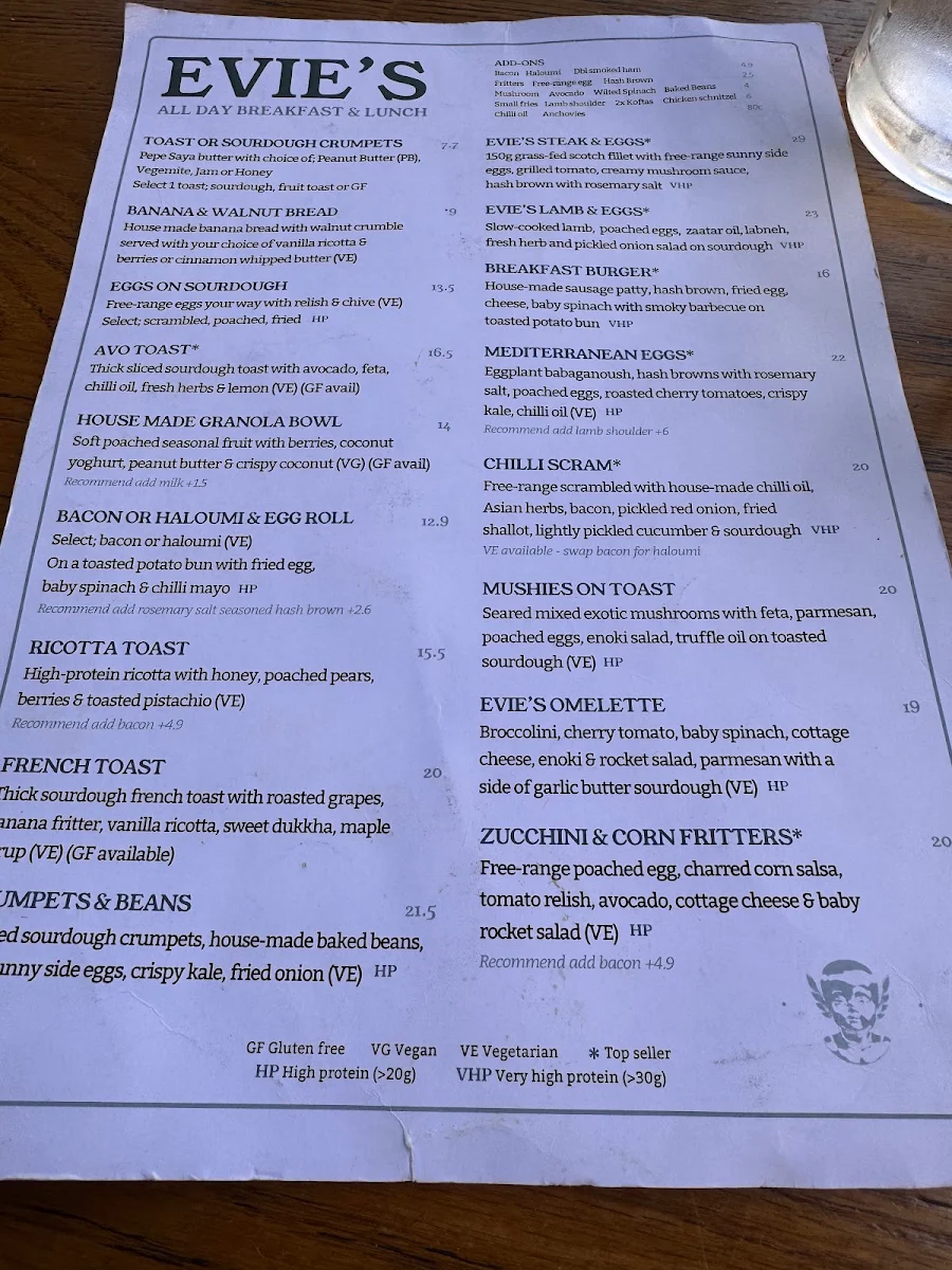 Menu, Evie's Redfern