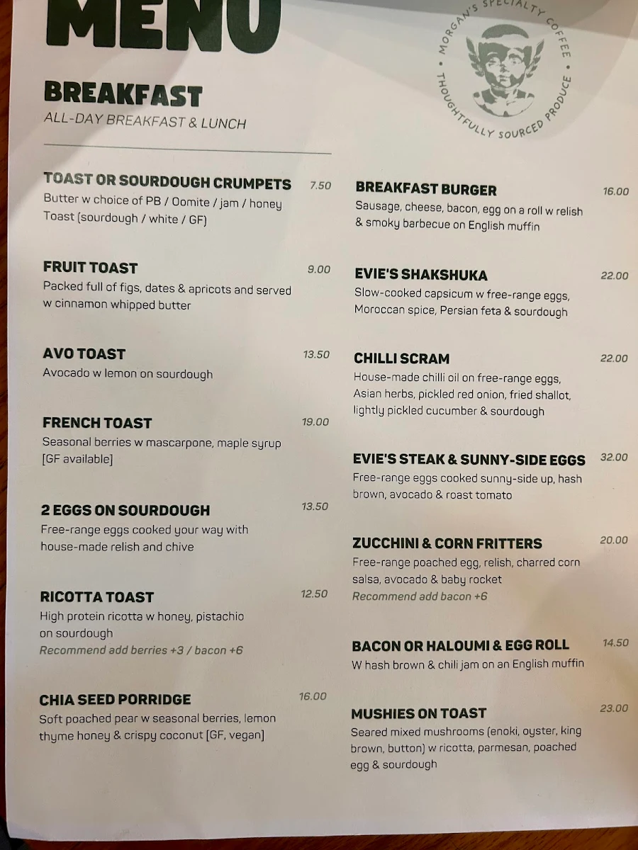 Menu, Evie's Redfern
