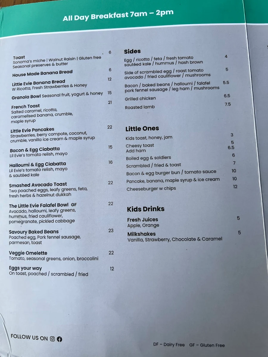 Menu, Evie's Redfern