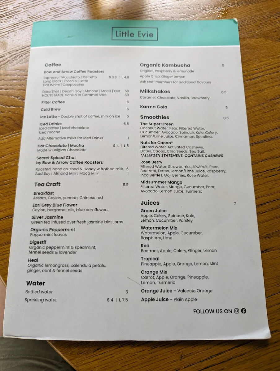 Menu, Evie's Redfern