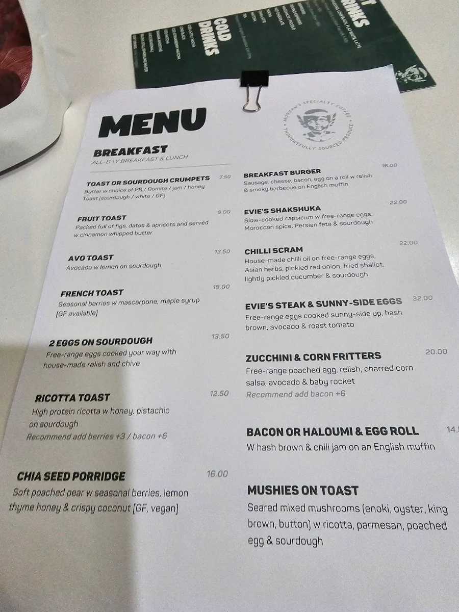 Menu, Evie's Redfern