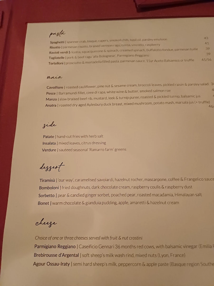 Menu, Trattoria Emilia