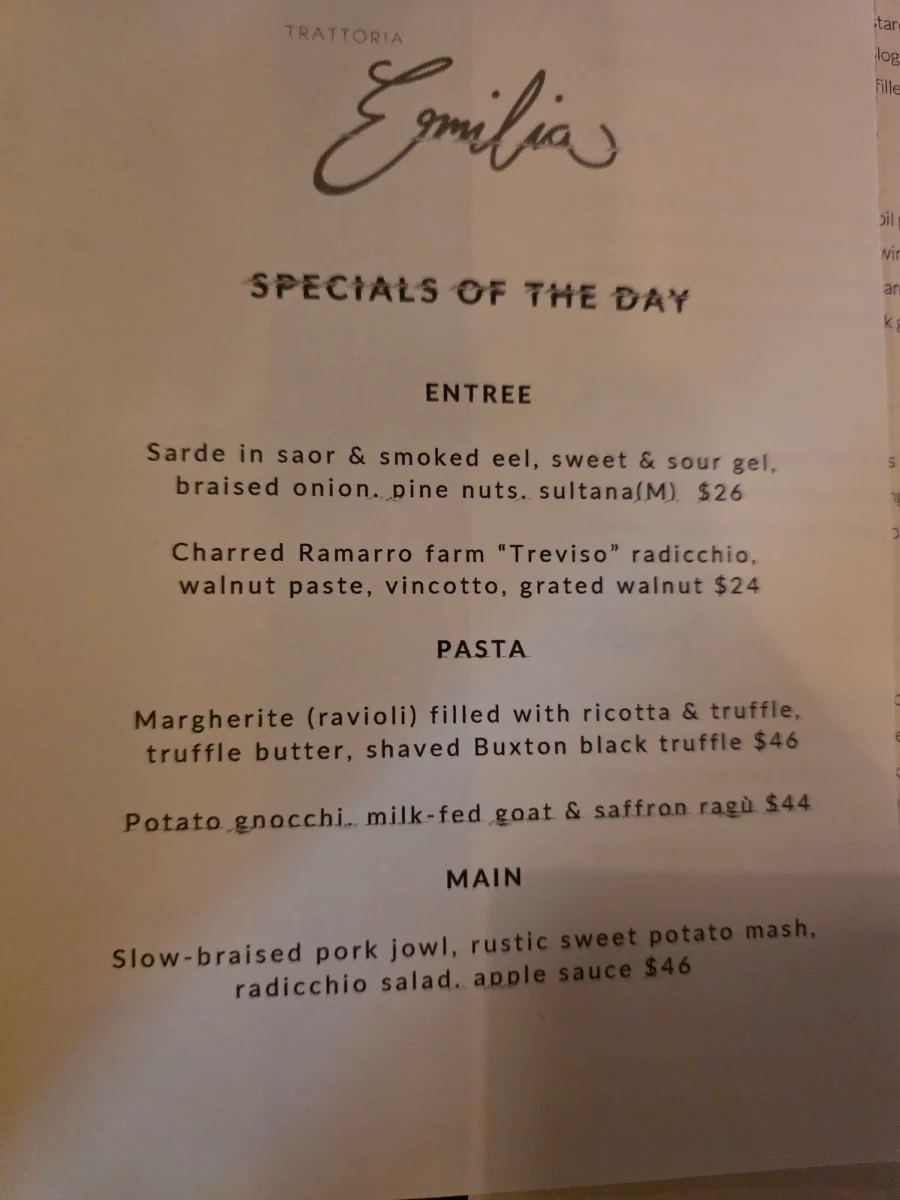 Menu, Trattoria Emilia