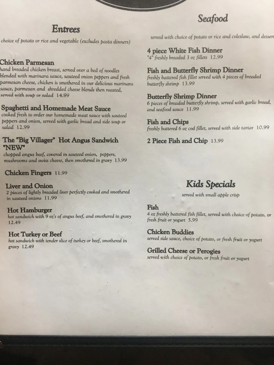 Menu, Village Gardens Family Restaurant