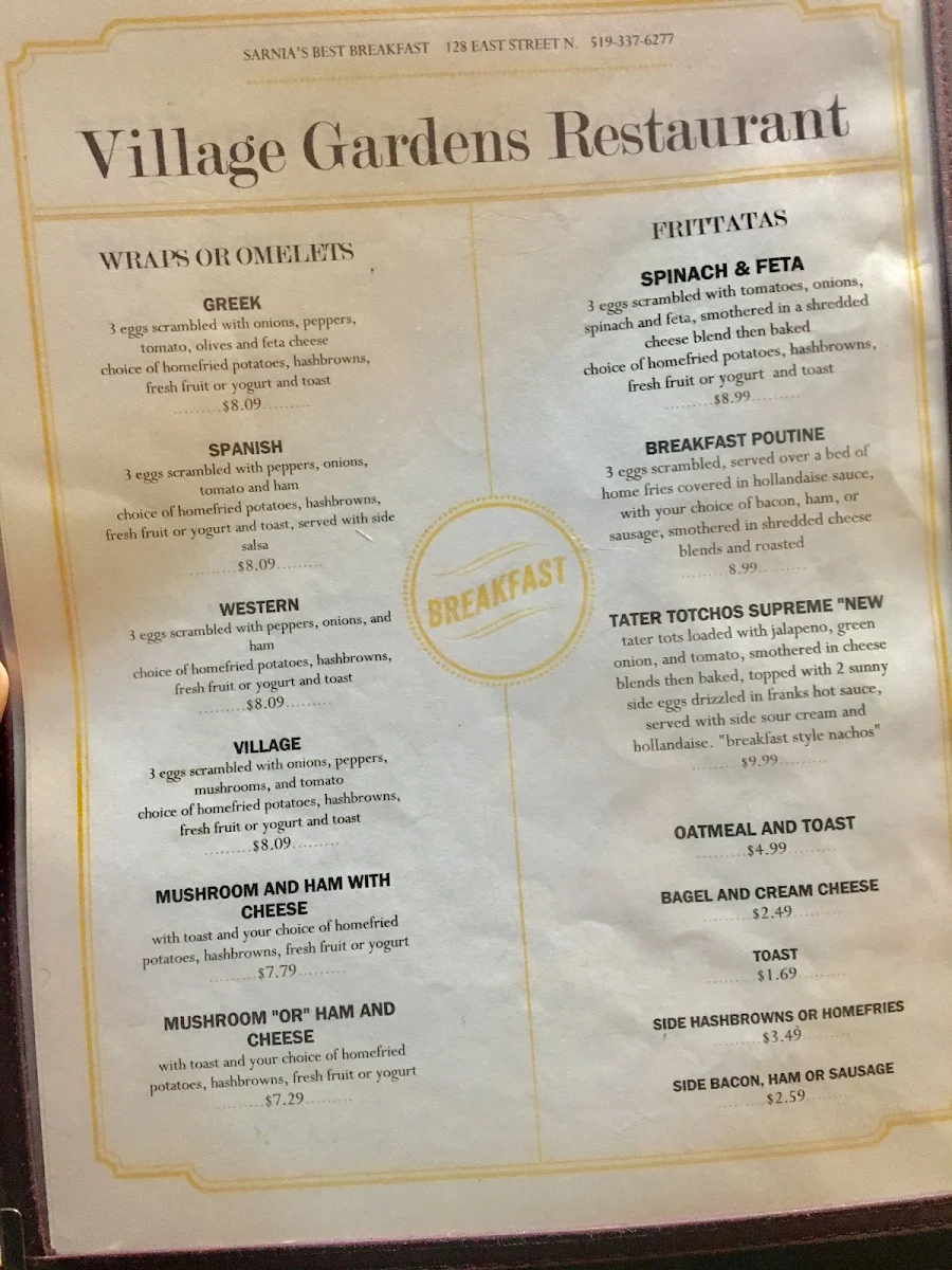 Menu, Village Gardens Family Restaurant