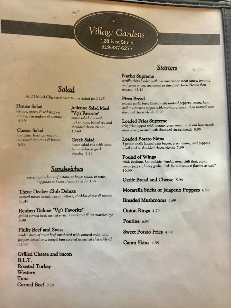 Menu, Village Gardens Family Restaurant