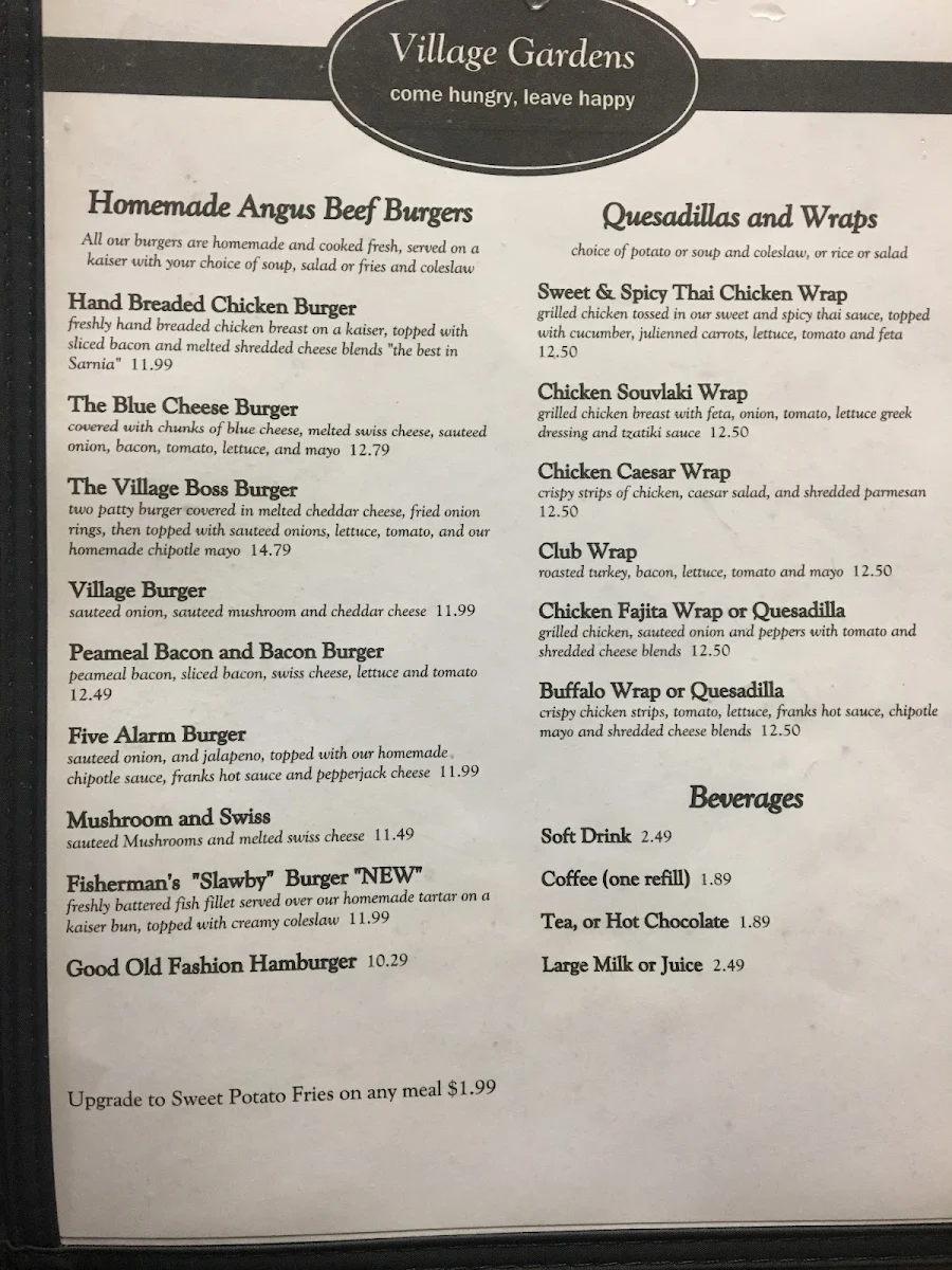 Menu, Village Gardens Family Restaurant