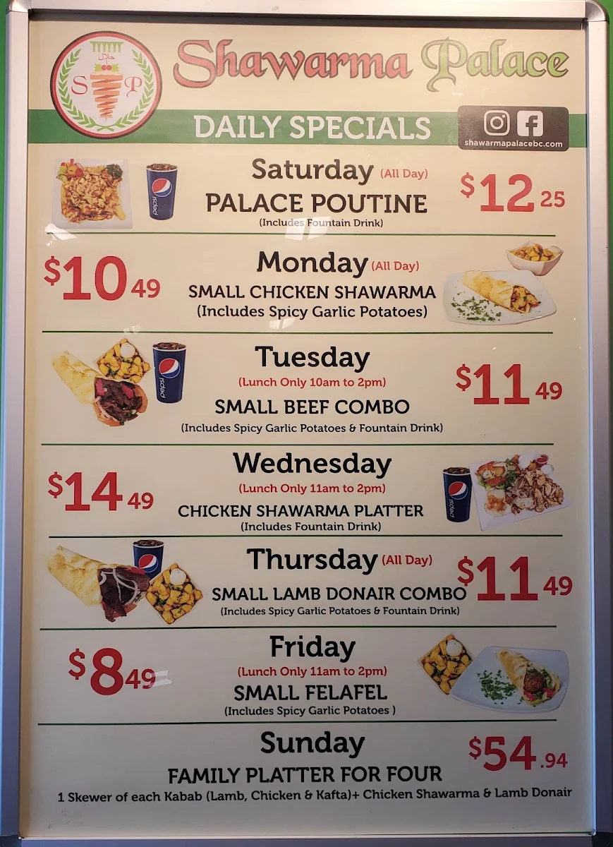 Menu, Shawarma Palace