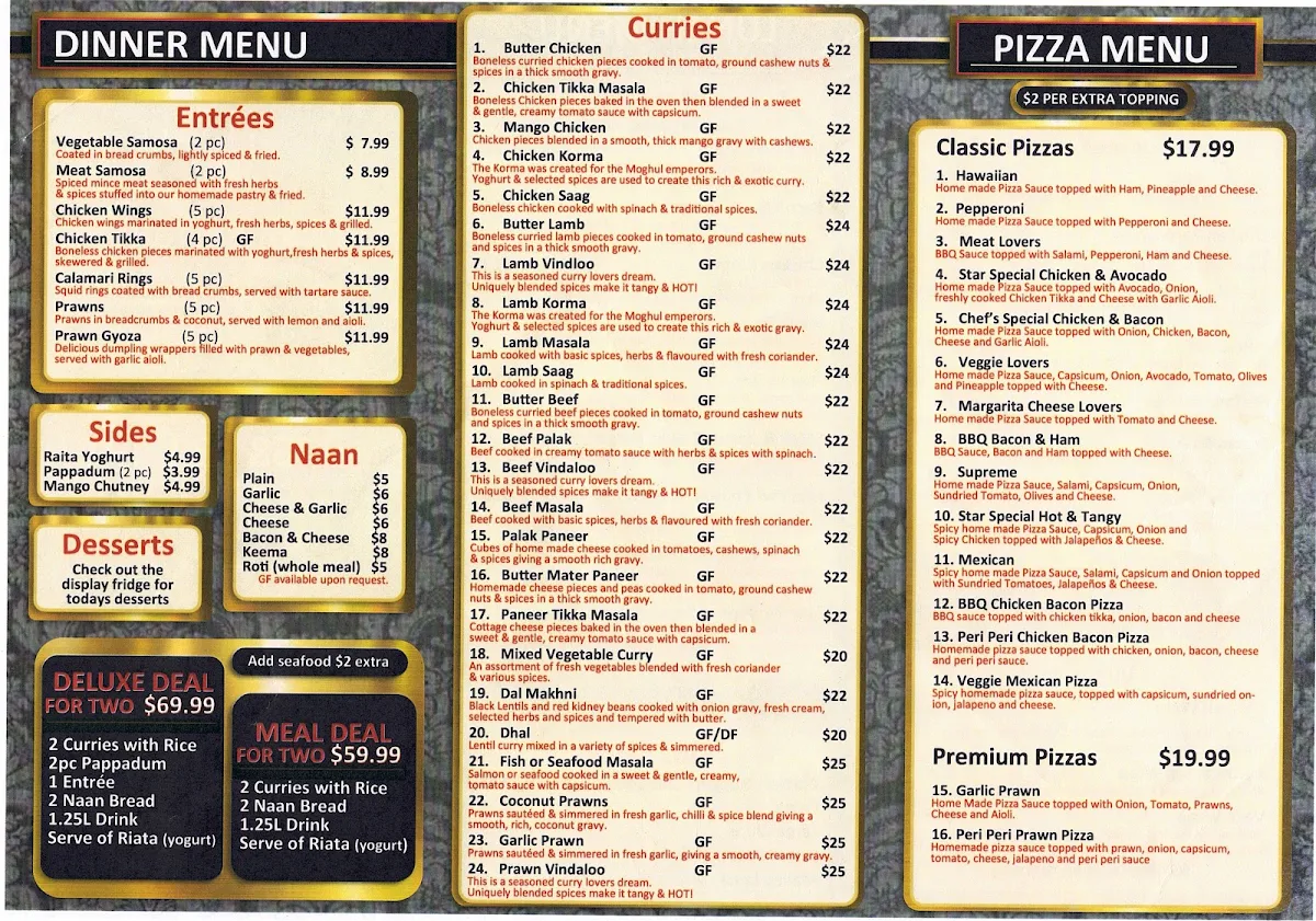 Menu, Little Star Indian restaurant