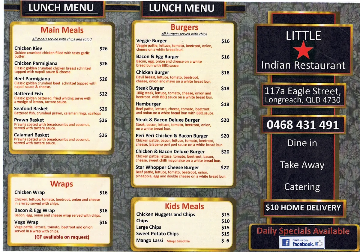 Menu, Little Star Indian restaurant