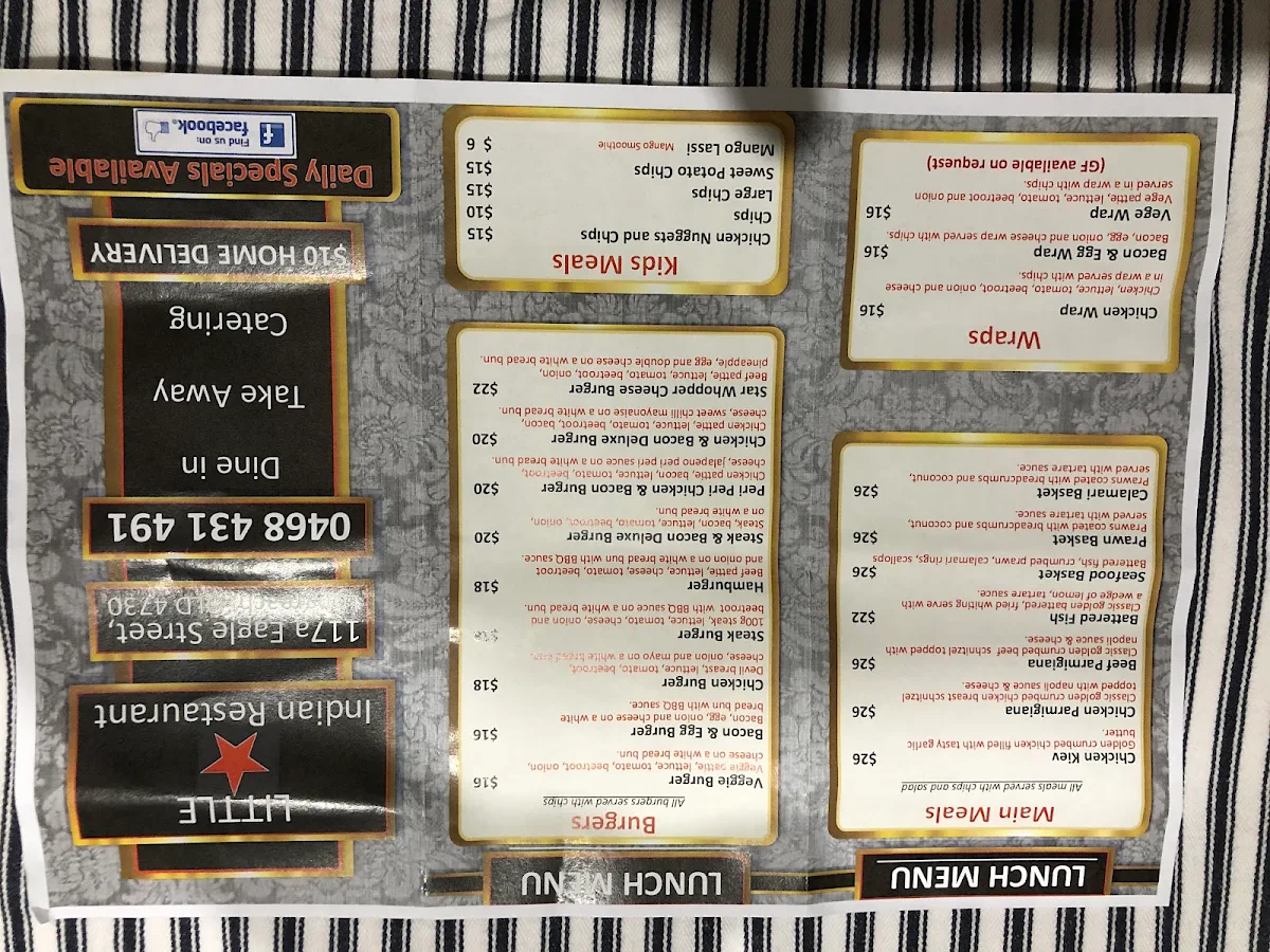 Menu, Little Star Indian restaurant