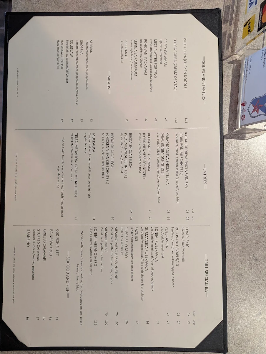 Menu, Bonimi