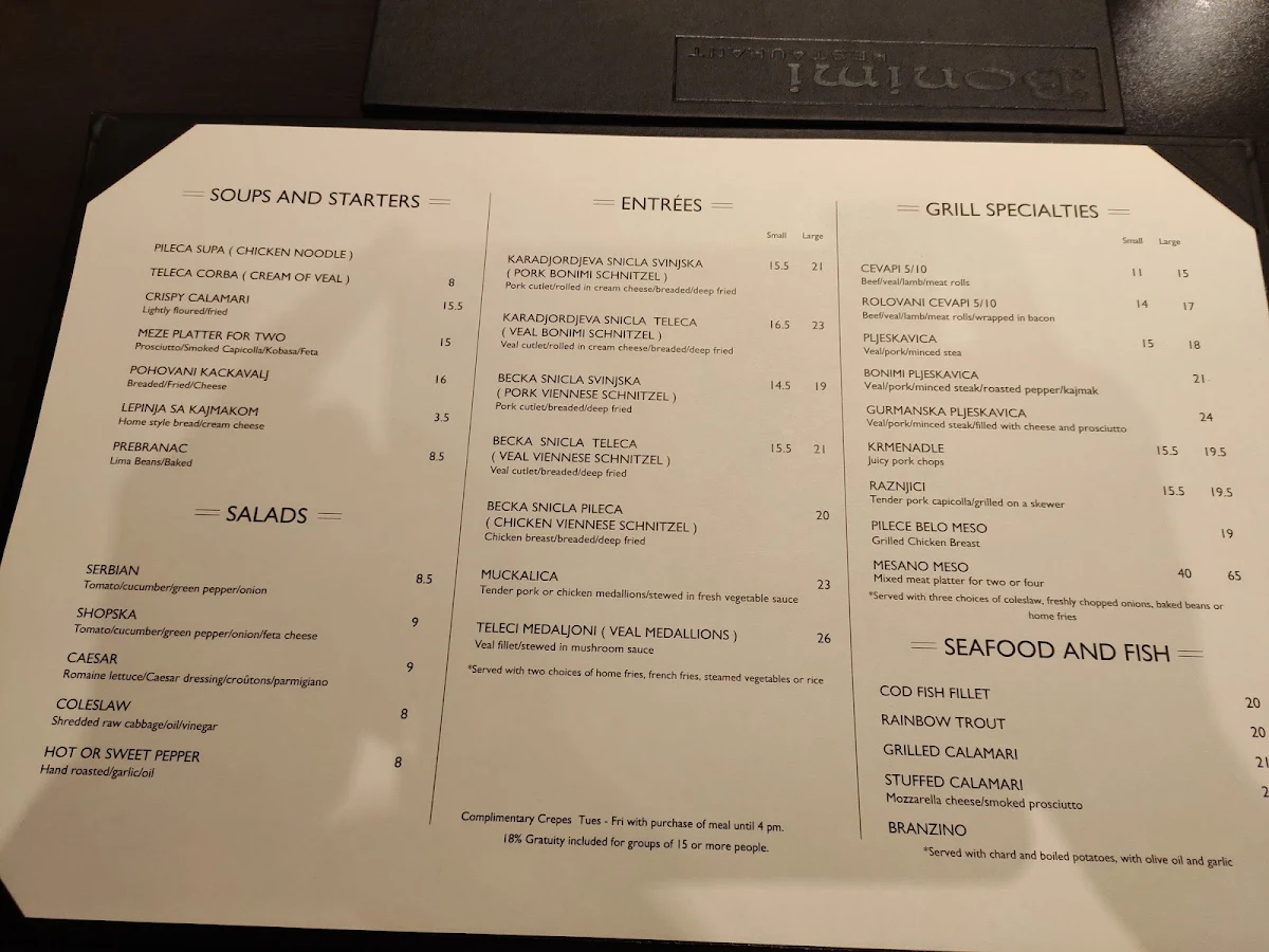 Menu, Bonimi