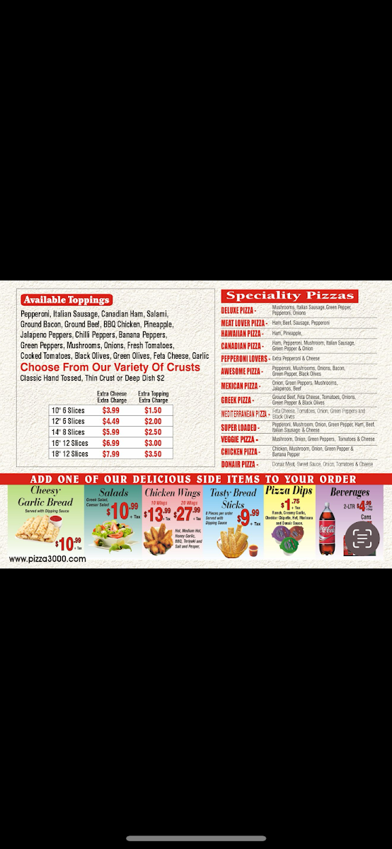 Menu, Pizza 3000