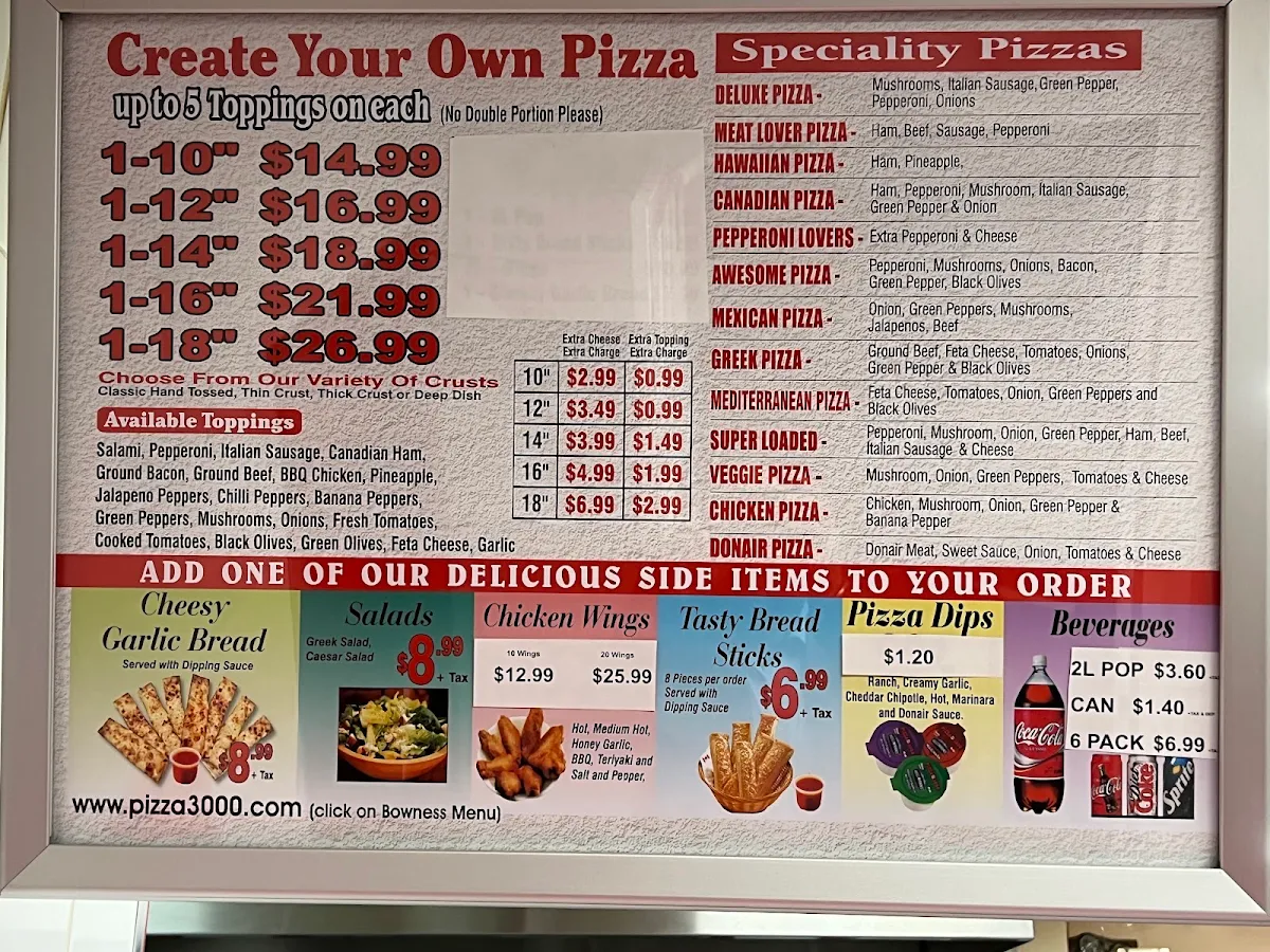 Menu, Pizza 3000