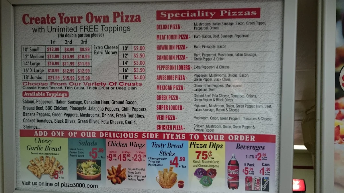 Menu, Pizza 3000
