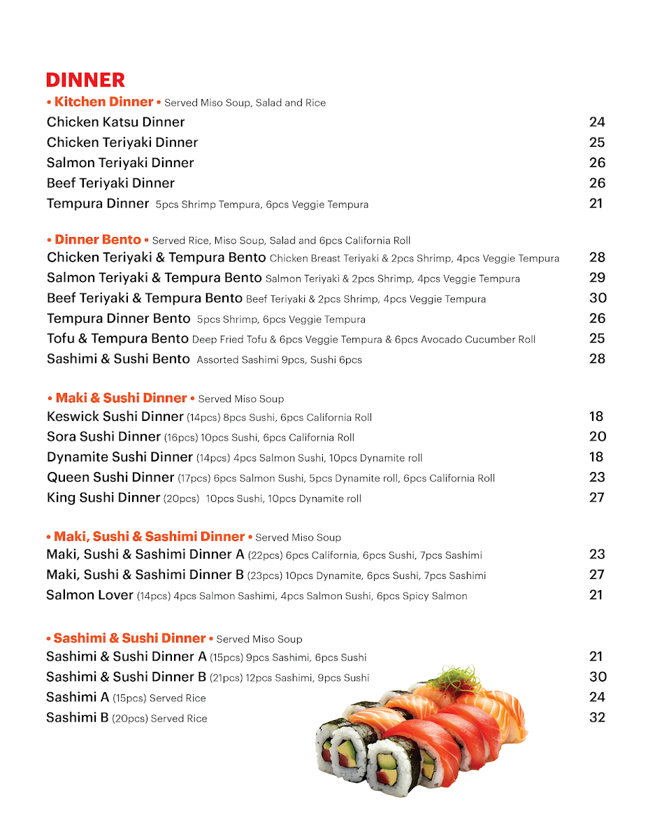 Menu, SUSHI SORA