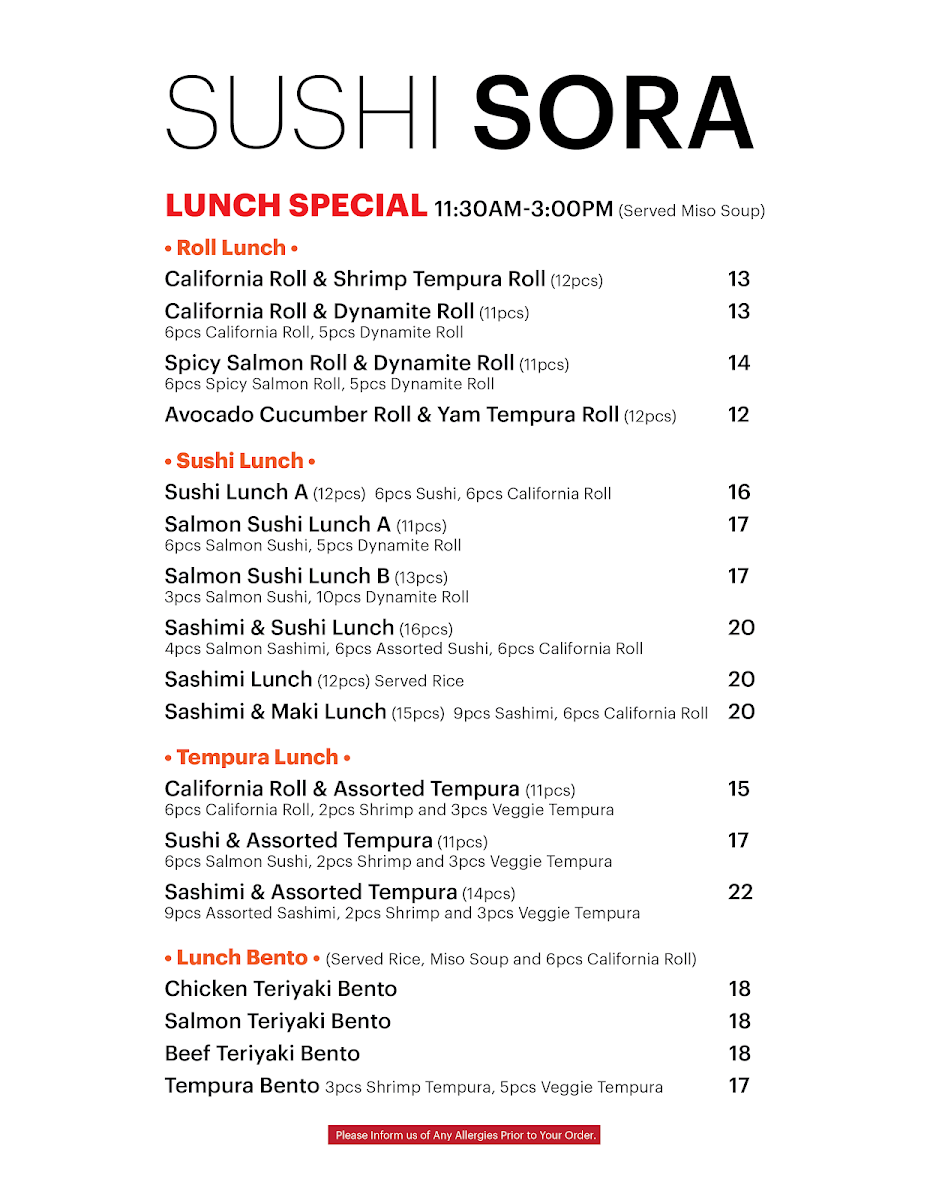 Menu, SUSHI SORA