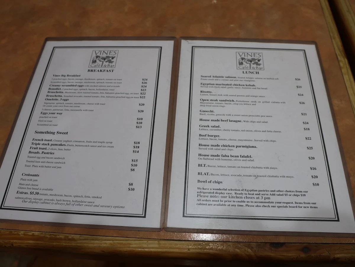 Menu, Vines Cafe & Bar