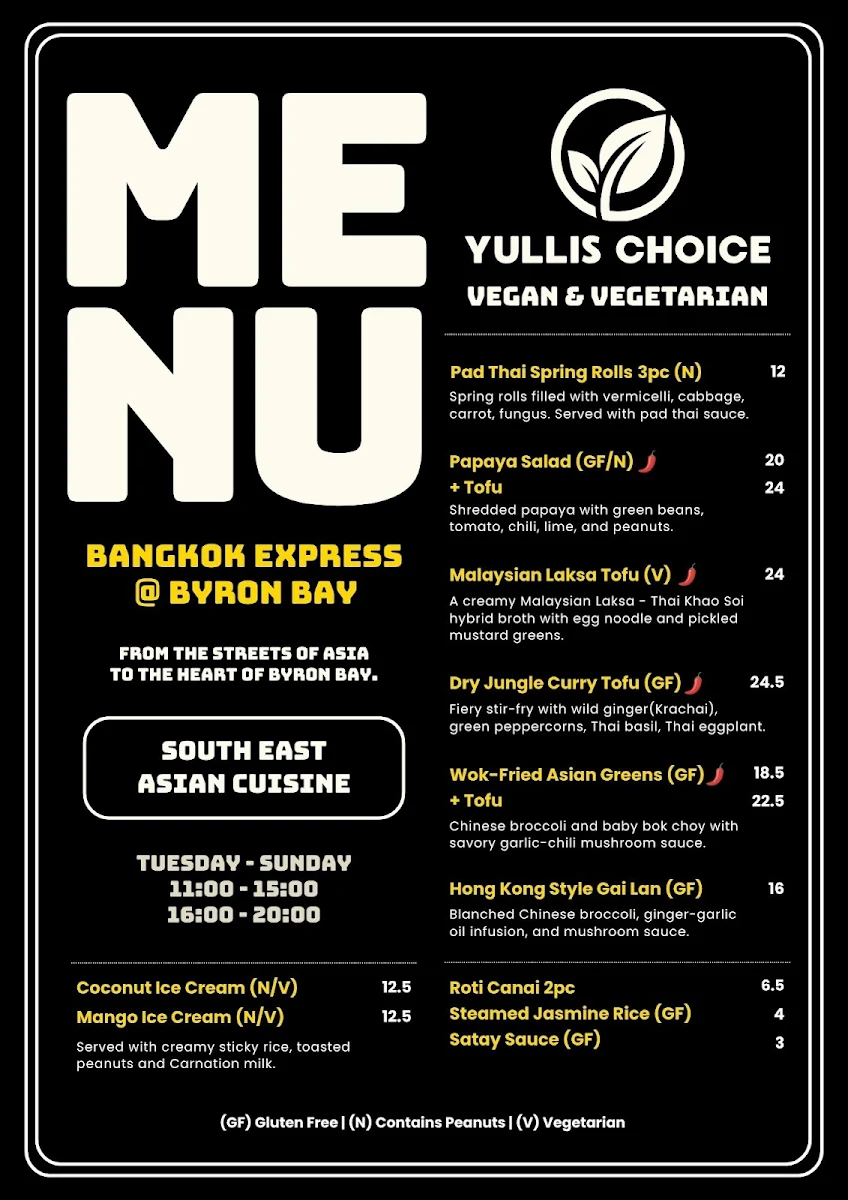 Menu, Bangkok Express @Byron Bay
