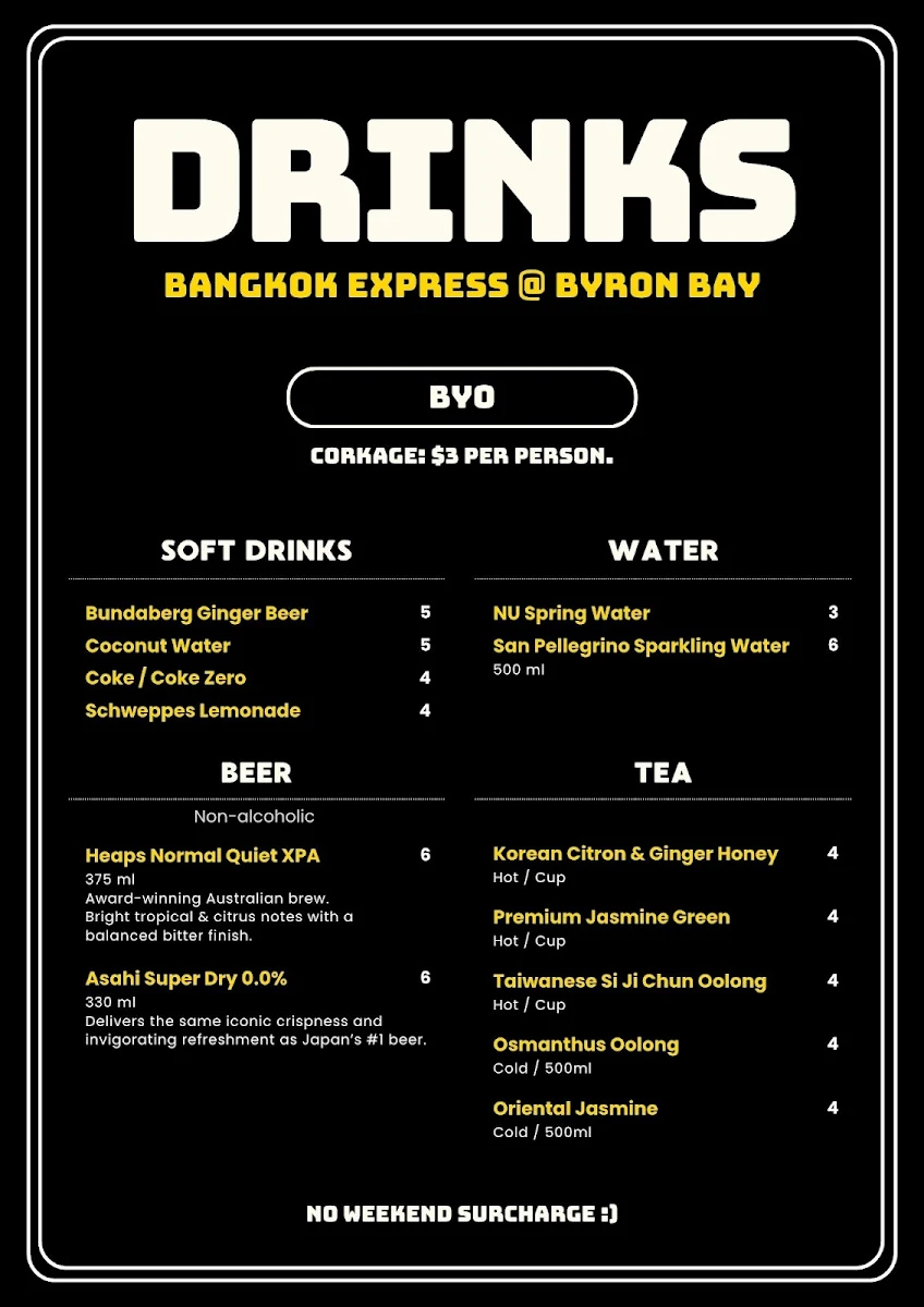 Menu, Bangkok Express @Byron Bay