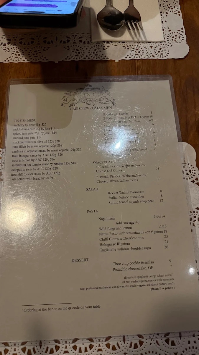 Menu, Times New Roman Bar