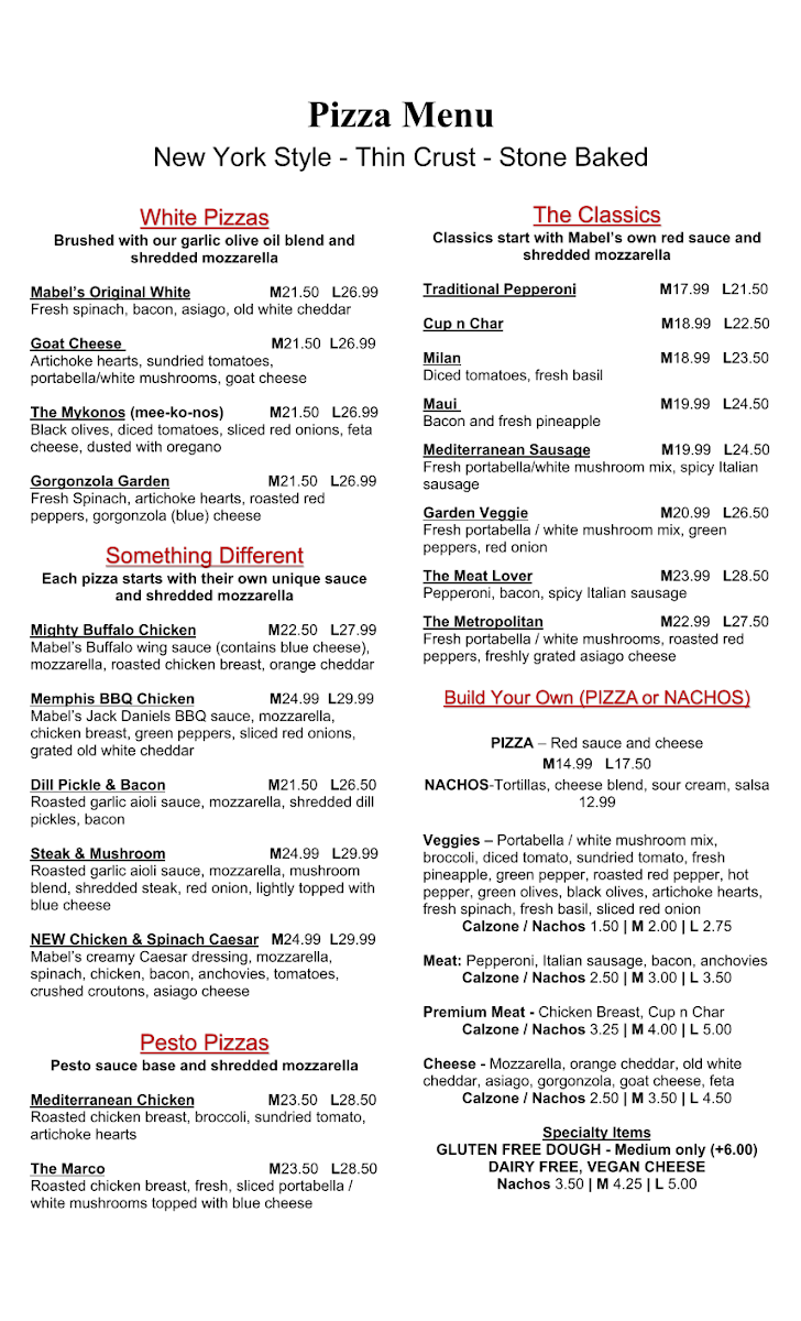 Menu, Mabel's Gourmet Pizza