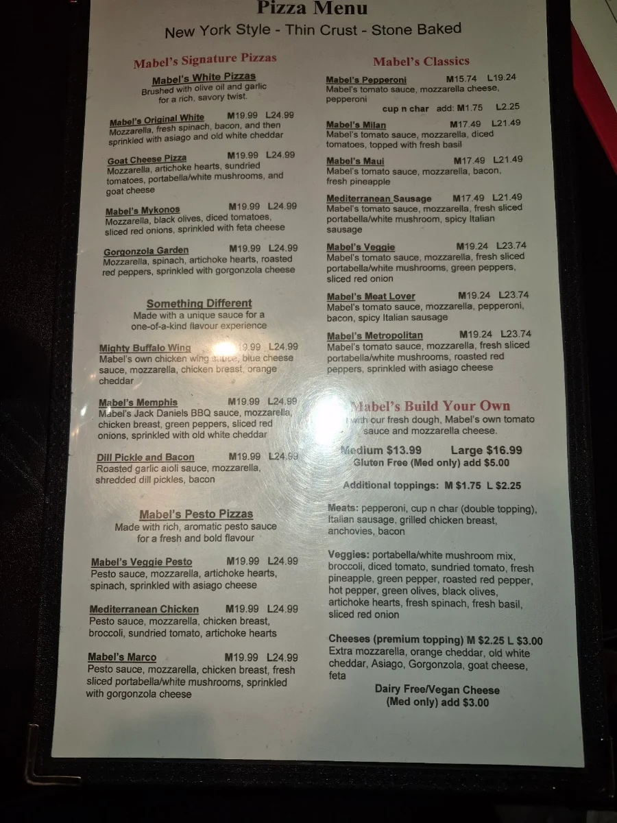 Menu, Mabel's Gourmet Pizza