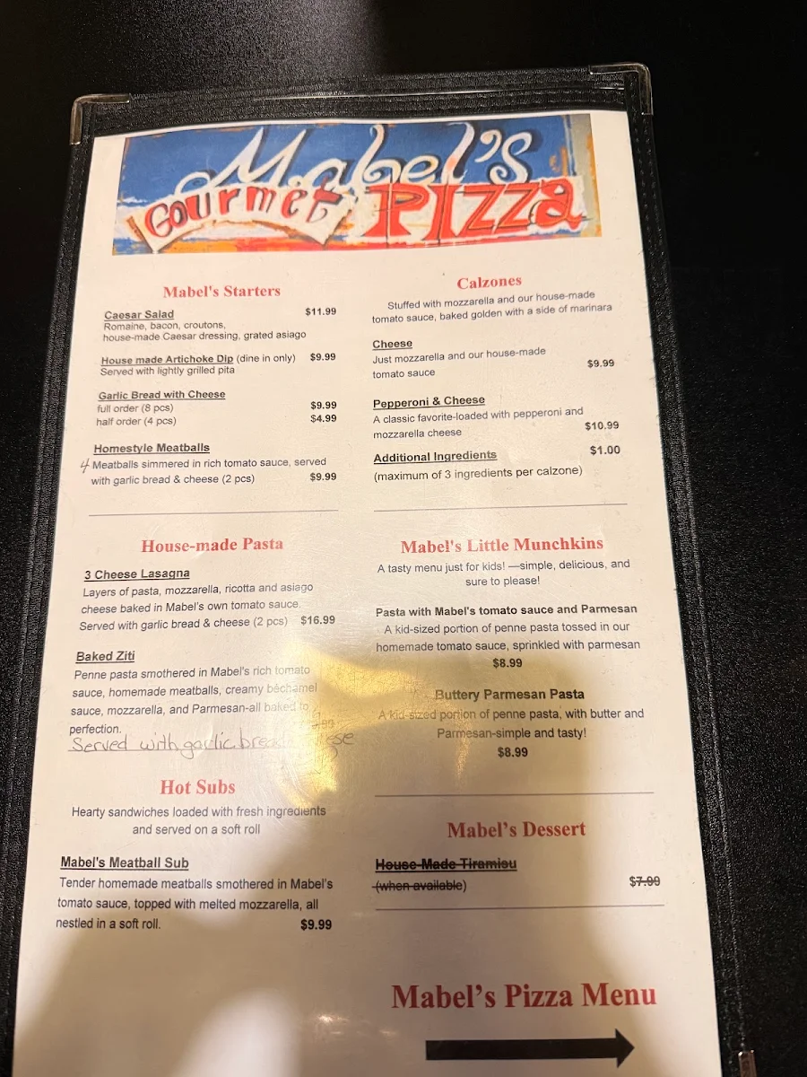 Menu, Mabel's Gourmet Pizza
