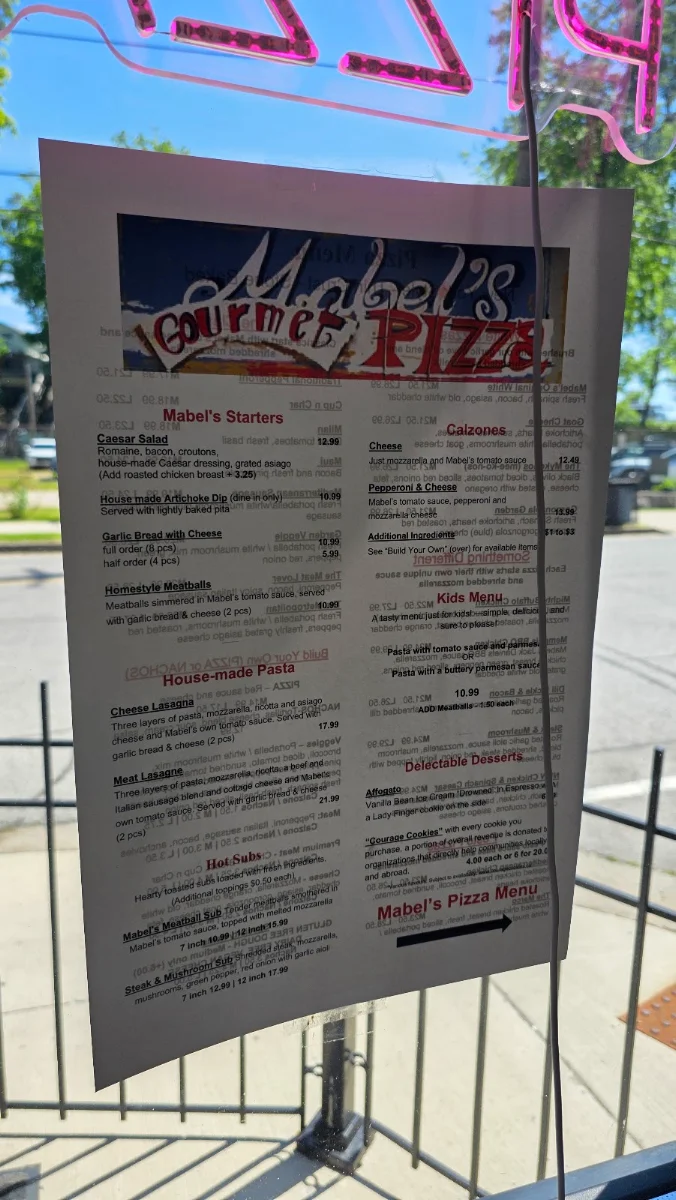 Menu, Mabel's Gourmet Pizza