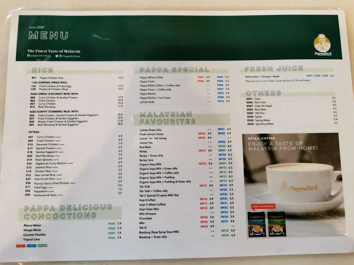 Menu, PappaRich Parramatta