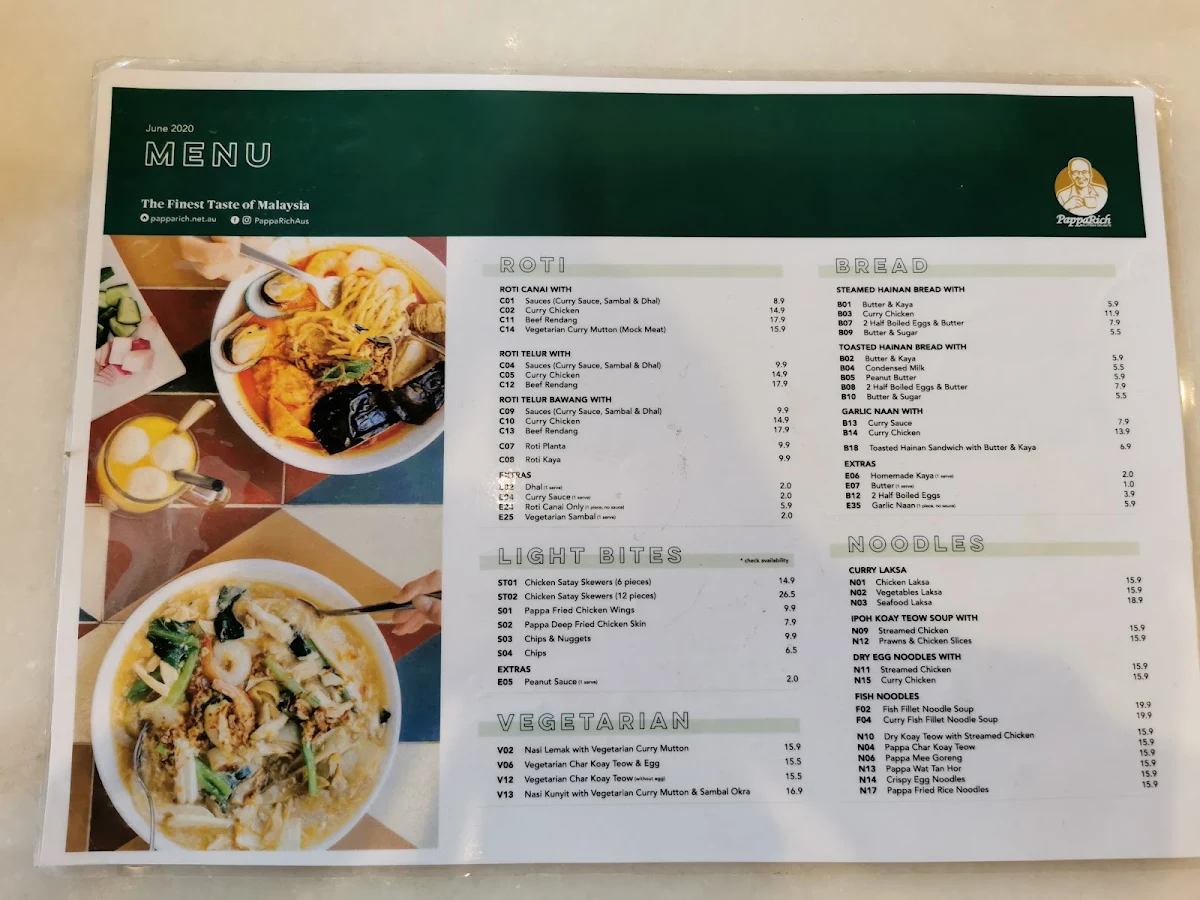 Menu, PappaRich Parramatta