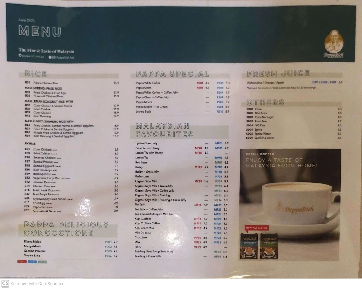 Menu, PappaRich Parramatta