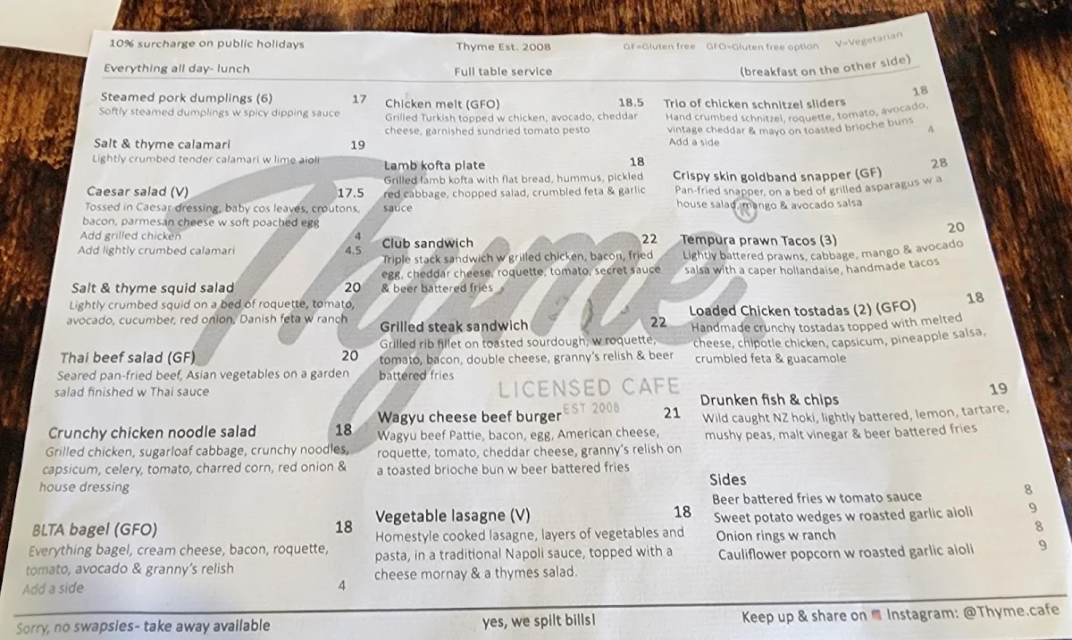 Menu, Thyme Cafe Bar