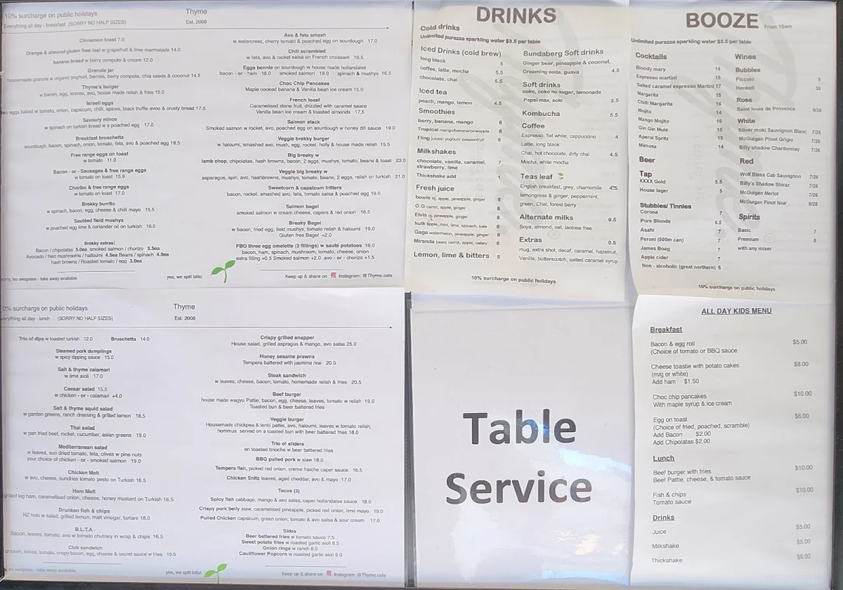 Menu, Thyme Cafe Bar