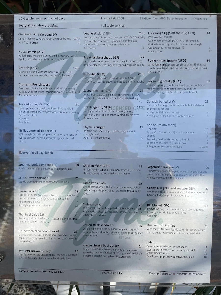 Menu, Thyme Cafe Bar