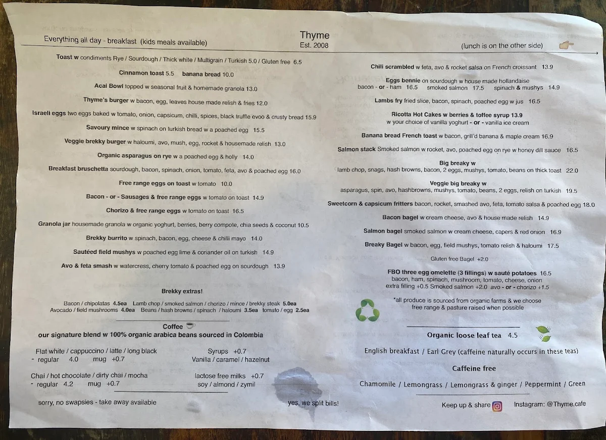 Menu, Thyme Cafe Bar