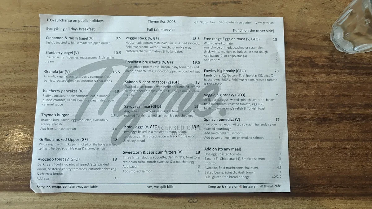 Menu, Thyme Cafe Bar