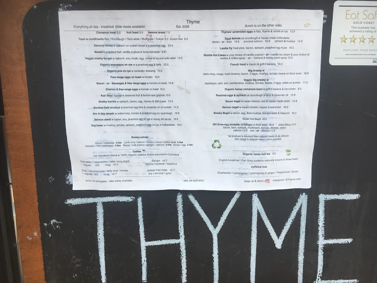 Menu, Thyme Cafe Bar