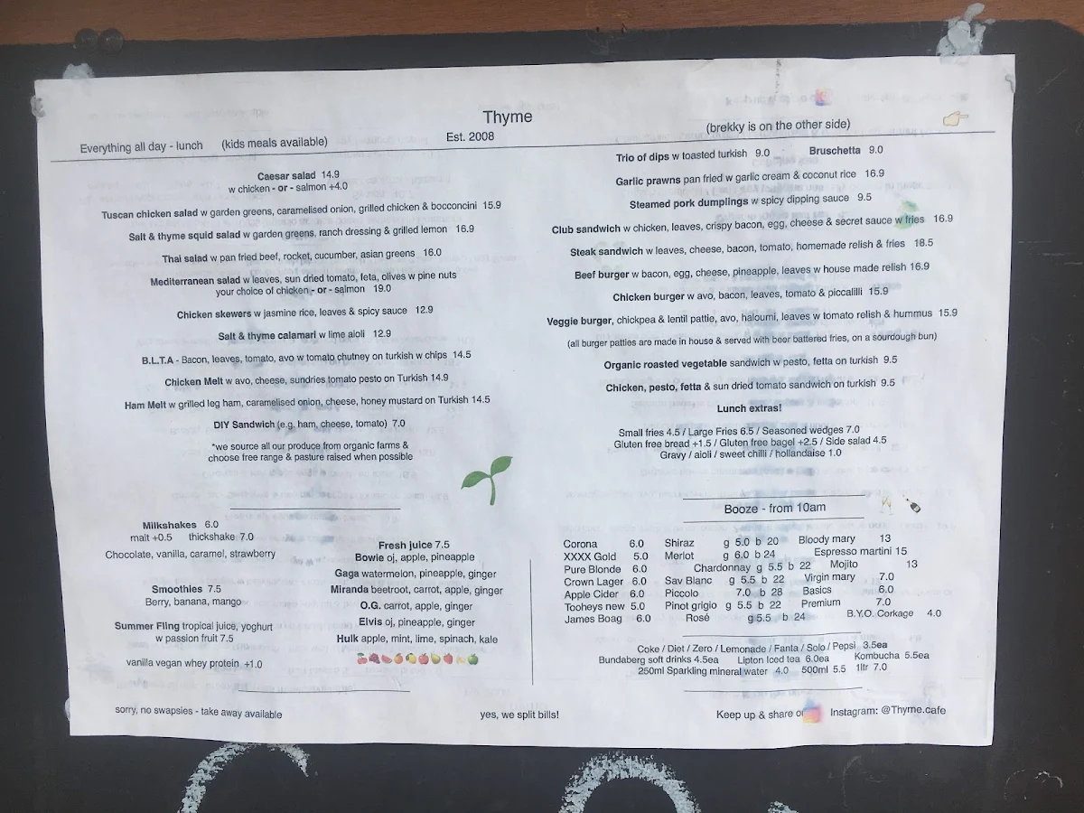Menu, Thyme Cafe Bar