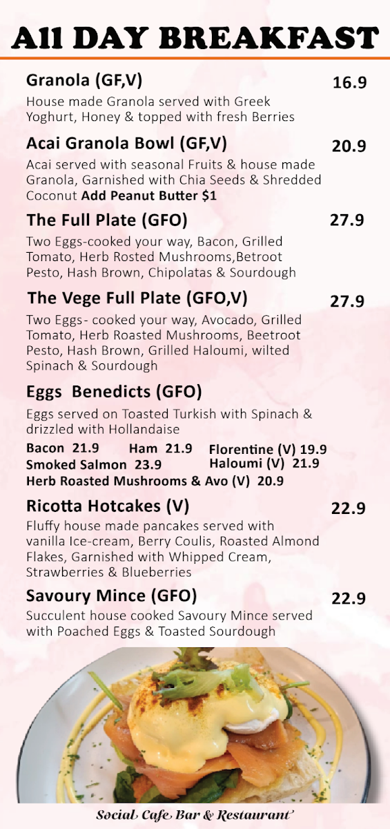 Menu, Social Cafe, Bar & Restaurant