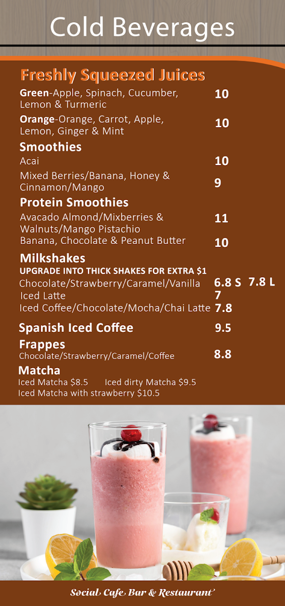 Menu, Social Cafe, Bar & Restaurant