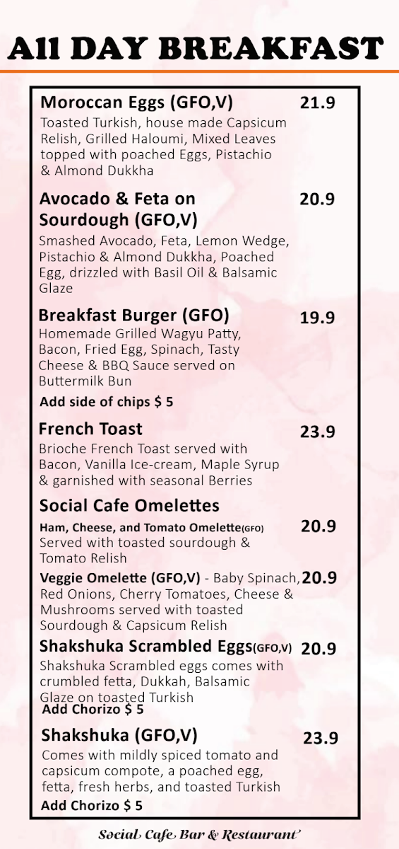 Menu, Social Cafe, Bar & Restaurant