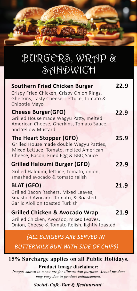 Menu, Social Cafe, Bar & Restaurant